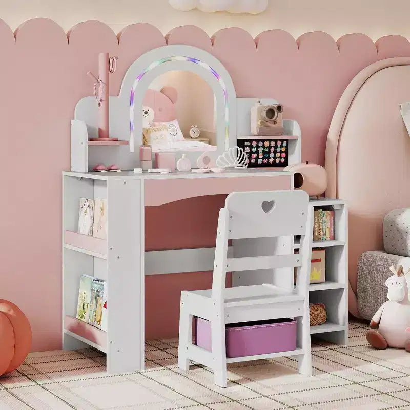 -Set da toeletta per bambine con specchio illuminato, libreria aperta e porta gioielli con scomparto per anelli