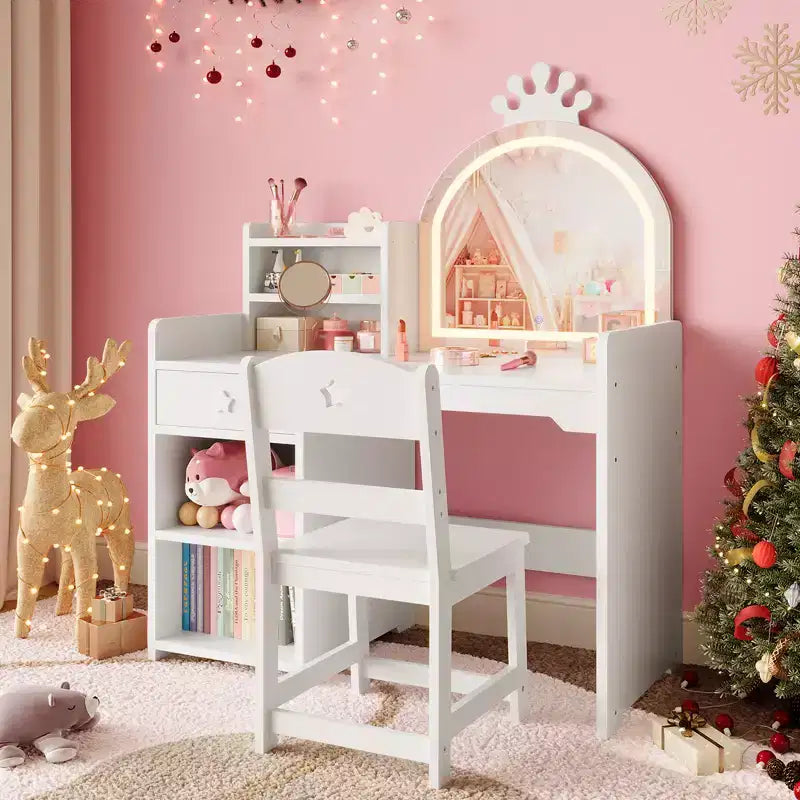 Tavolino da trucco per bambini con specchio a corona illuminato a LED, scrivania da trucco da principessa con cassetti e ripiani aperti, set da trucco con sedia per camera da letto