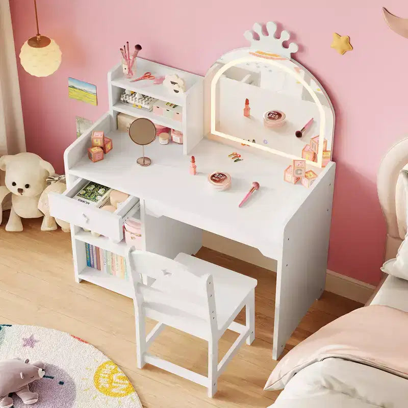 Tavolino da trucco per bambini con specchio a corona illuminato a LED, scrivania da trucco da principessa con cassetti e ripiani aperti, set da trucco con sedia per camera da letto
