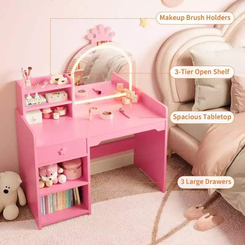 Tavolino da trucco per bambini con specchio a corona illuminato a LED, scrivania da trucco da principessa con cassetti e ripiani aperti, set da trucco con sedia per camera da letto