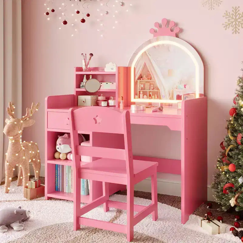 Tavolino da trucco per bambini con specchio a corona illuminato a LED, scrivania da trucco da principessa con cassetti e ripiani aperti, set da trucco con sedia per camera da letto