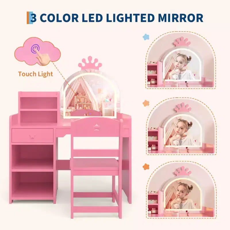 Tavolino da trucco per bambini con specchio a corona illuminato a LED, scrivania da trucco da principessa con cassetti e ripiani aperti, set da trucco con sedia per camera da letto