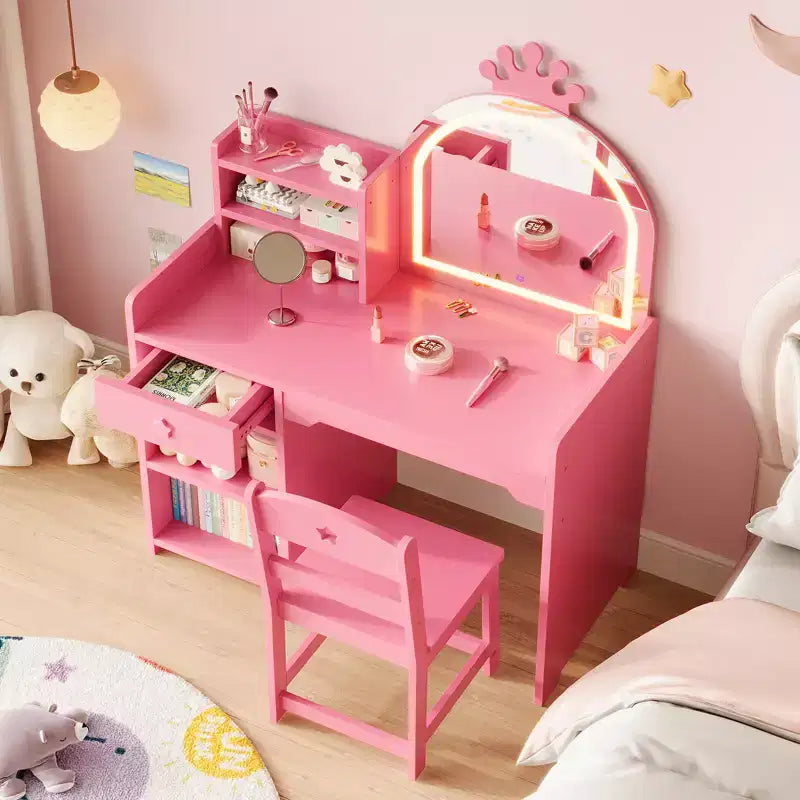 Tavolino da trucco per bambini con specchio a corona illuminato a LED, scrivania da trucco da principessa con cassetti e ripiani aperti, set da trucco con sedia per camera da letto