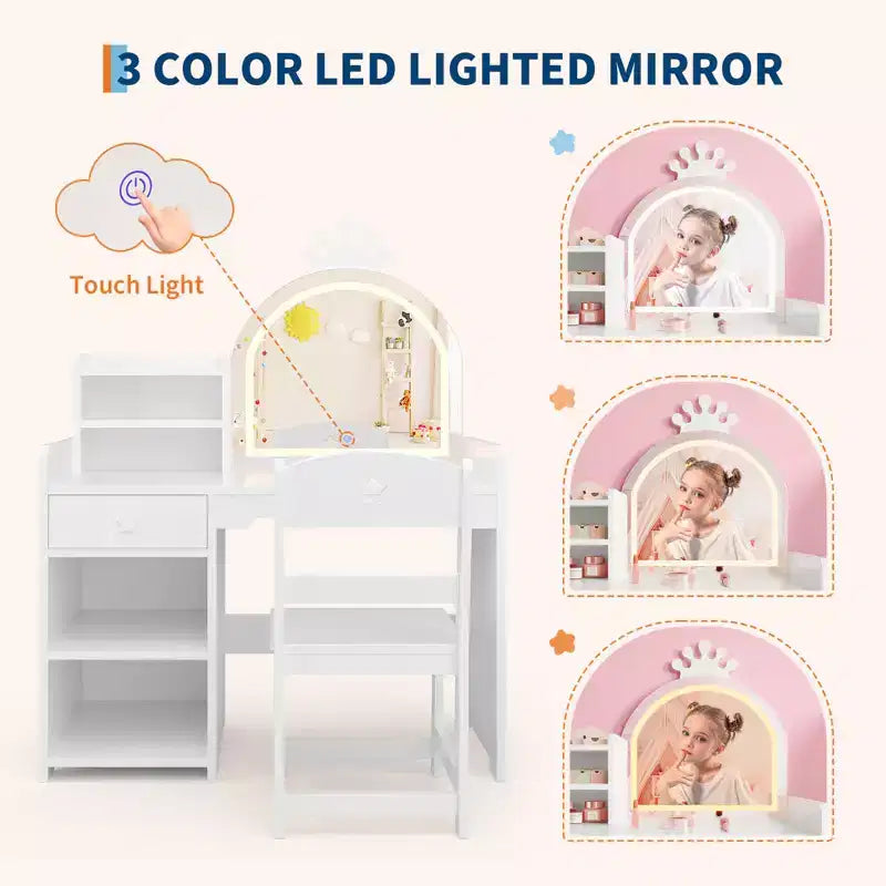 Tavolino da trucco per bambini con specchio a corona illuminato a LED, scrivania da trucco da principessa con cassetti e ripiani aperti, set da trucco con sedia per camera da letto