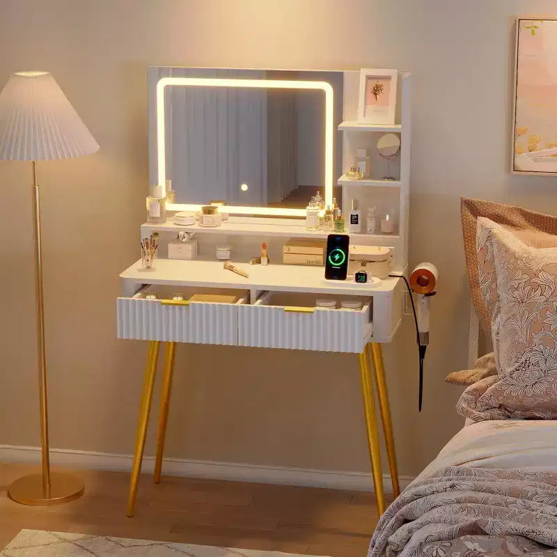 Scrivania da trucco piccola scanalata da 31 pollici, toeletta moderna di metà secolo con specchio, 2 cassetti, per camera da letto