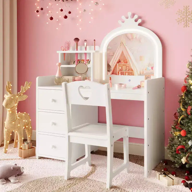 Set Tavolo da Toeletta per Bambini Principessa, Specchio Illuminato, 3 Cassetti, Ripiani Portaoggetti, Piano Rimovibile - Scrivania Trucco e Toeletta in Legno per Bambine