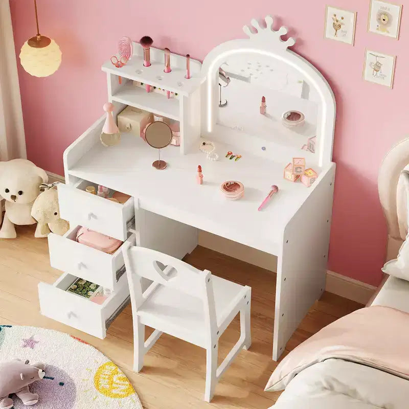 Set Tavolo da Toeletta per Bambini Principessa, Specchio Illuminato, 3 Cassetti, Ripiani Portaoggetti, Piano Rimovibile - Scrivania Trucco e Toeletta in Legno per Bambine