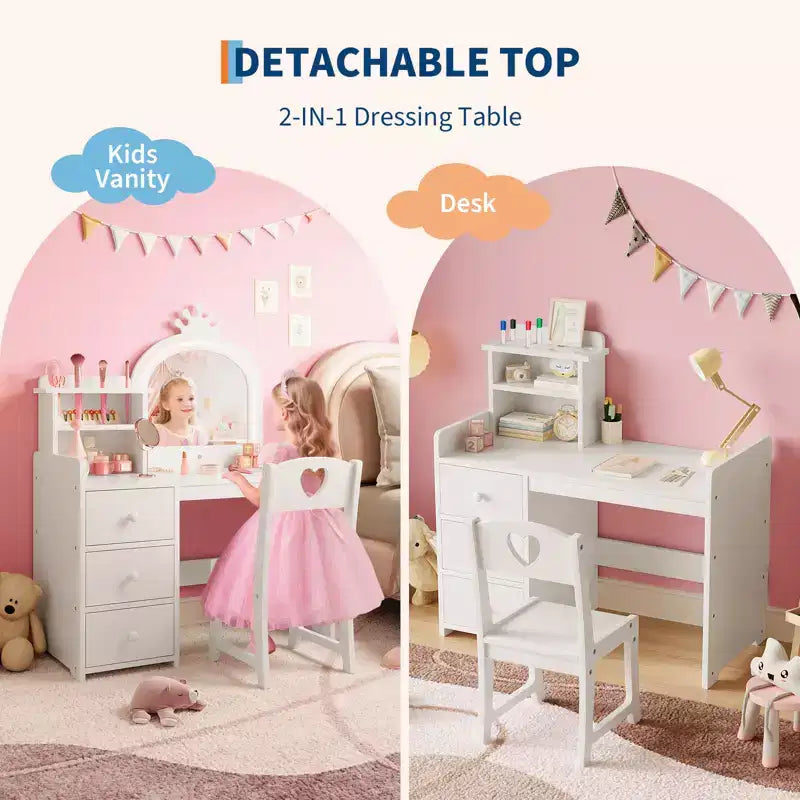 Set Tavolo da Toeletta per Bambini Principessa, Specchio Illuminato, 3 Cassetti, Ripiani Portaoggetti, Piano Rimovibile - Scrivania Trucco e Toeletta in Legno per Bambine