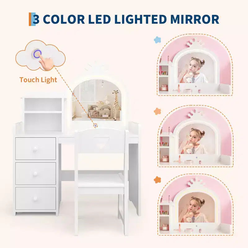 Set Tavolo da Toeletta per Bambini Principessa, Specchio Illuminato, 3 Cassetti, Ripiani Portaoggetti, Piano Rimovibile - Scrivania Trucco e Toeletta in Legno per Bambine