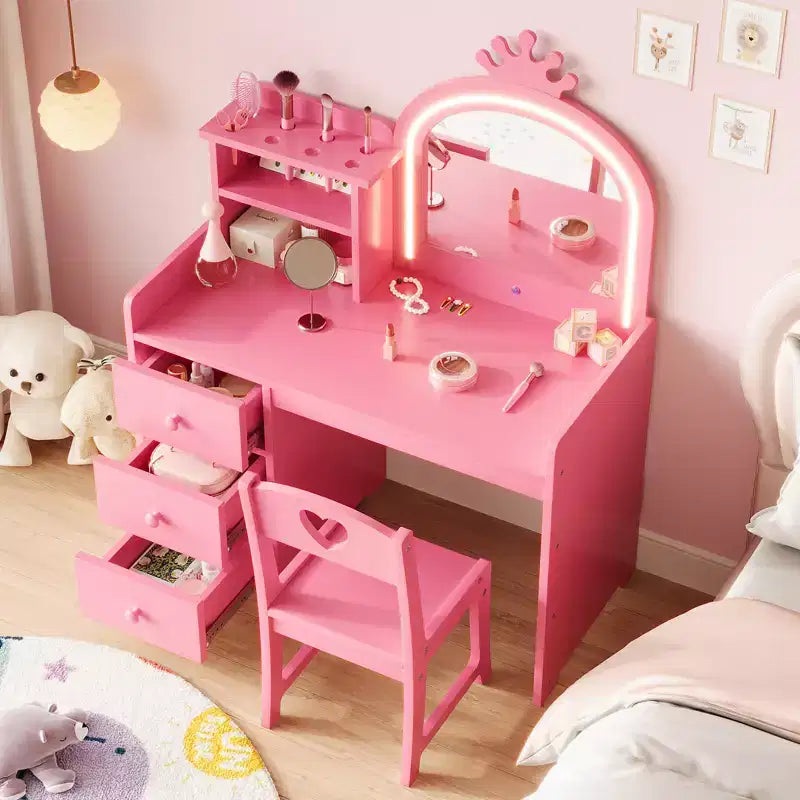 Set Tavolo da Toeletta per Bambini Principessa, Specchio Illuminato, 3 Cassetti, Ripiani Portaoggetti, Piano Rimovibile - Scrivania Trucco e Toeletta in Legno per Bambine