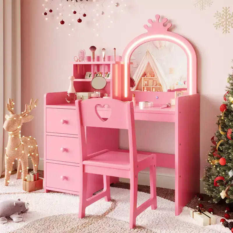 Set Tavolo da Toeletta per Bambini Principessa, Specchio Illuminato, 3 Cassetti, Ripiani Portaoggetti, Piano Rimovibile - Scrivania Trucco e Toeletta in Legno per Bambine