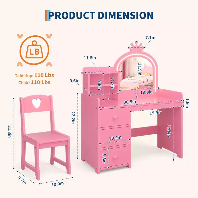 Set Tavolo da Toeletta per Bambini Principessa, Specchio Illuminato, 3 Cassetti, Ripiani Portaoggetti, Piano Rimovibile - Scrivania Trucco e Toeletta in Legno per Bambine