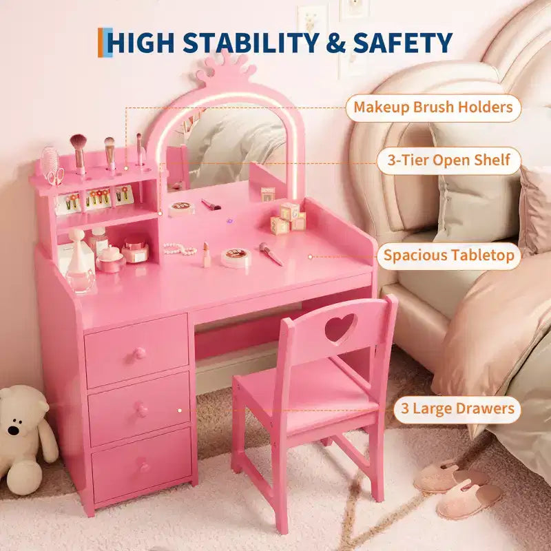 Set Tavolo da Toeletta per Bambini Principessa, Specchio Illuminato, 3 Cassetti, Ripiani Portaoggetti, Piano Rimovibile - Scrivania Trucco e Toeletta in Legno per Bambine