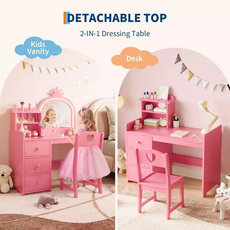 Set Tavolo da Toeletta per Bambini Principessa, Specchio Illuminato, 3 Cassetti, Ripiani Portaoggetti, Piano Rimovibile - Scrivania Trucco e Toeletta in Legno per Bambine