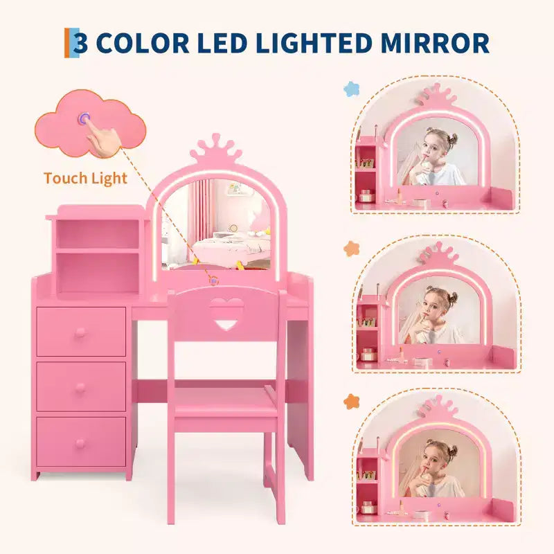 Set Tavolo da Toeletta per Bambini Principessa, Specchio Illuminato, 3 Cassetti, Ripiani Portaoggetti, Piano Rimovibile - Scrivania Trucco e Toeletta in Legno per Bambine