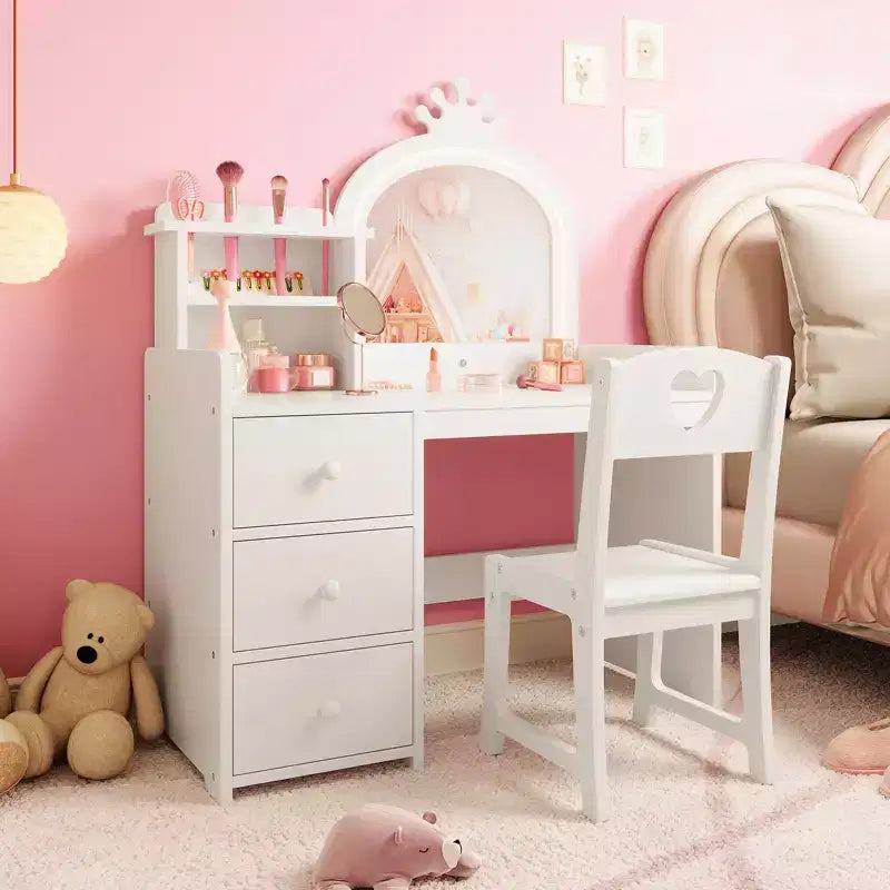 Set Tavolo da Toeletta per Bambini Principessa, Specchio Illuminato, 3 Cassetti, Ripiani Portaoggetti, Piano Rimovibile - Scrivania Trucco e Toeletta in Legno per Bambine
