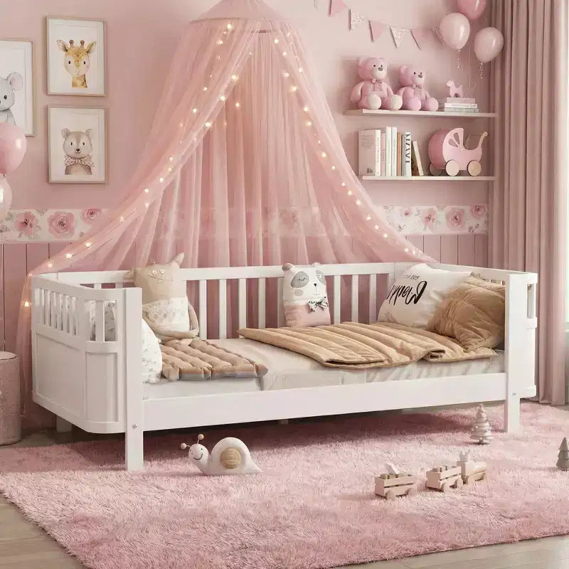 Letto a piattaforma in legno full size per bambini, letto a profilo basso in legno full size con sponde per bambine e bambini, bianco