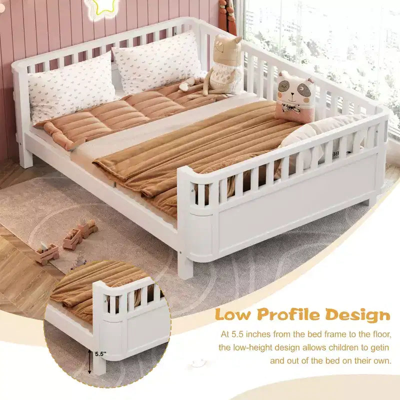 Letto a piattaforma in legno full size per bambini, letto a profilo basso in legno full size con sponde per bambine e bambini, bianco