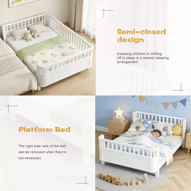 Letto a piattaforma in legno full size per bambini, letto a profilo basso in legno full size con sponde per bambine e bambini, bianco