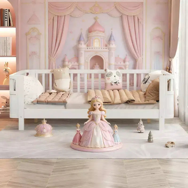 Letto a piattaforma in legno full size per bambini, letto a profilo basso in legno full size con sponde per bambine e bambini, bianco