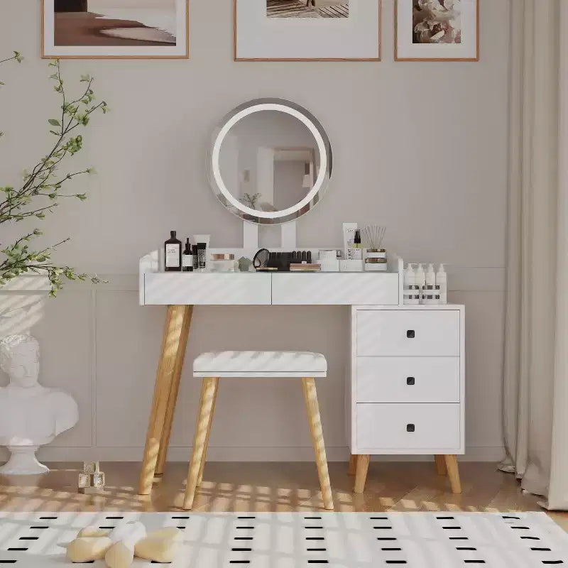 Modern Makeup Vanity Desk with LED Mirror, 5 Drawers, Built-In Power Hub, Glass Top, and Matching Stool for Girls' Rooms