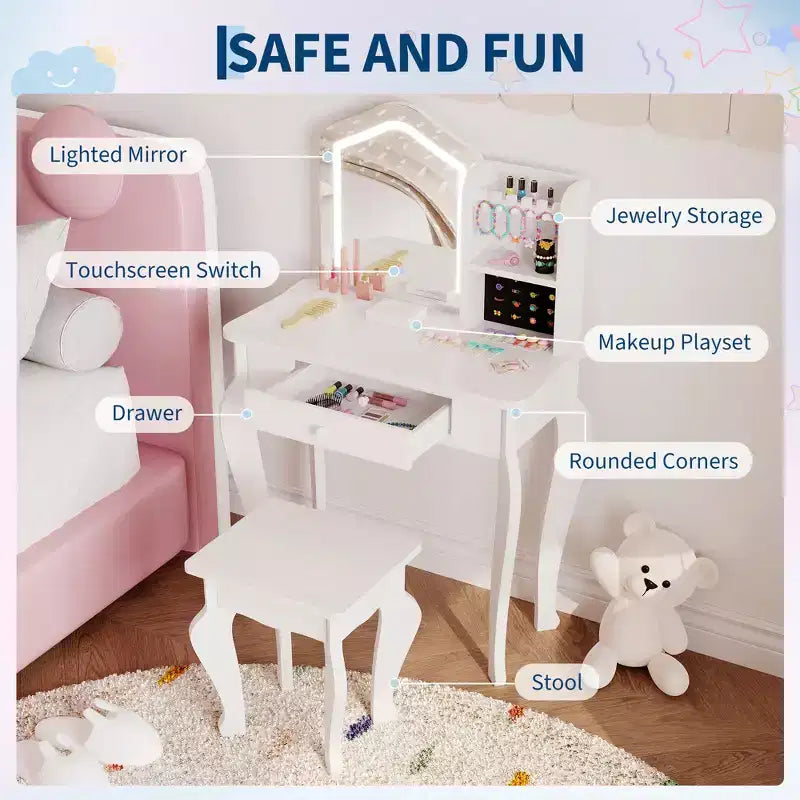 Set toeletta per bambine con sgabello, per età 3-8 anni - Ideale per camera da letto o sala giochi