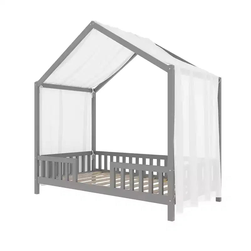 Struttura letto Montessori a casetta bassa, singola, con tende