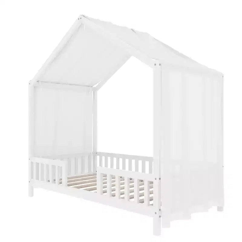 Struttura letto Montessori a casetta bassa, singola, con tende