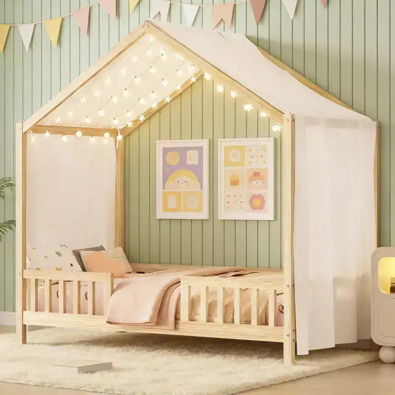 Struttura letto Montessori a casetta bassa, singola, con tende