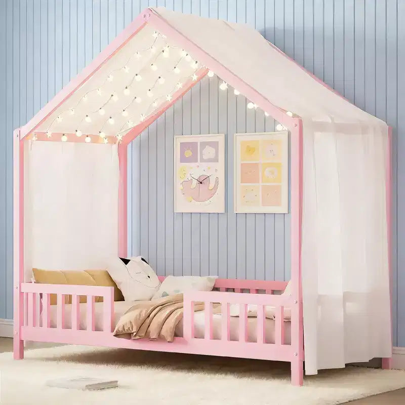 Struttura letto Montessori a casetta bassa, singola, con tende