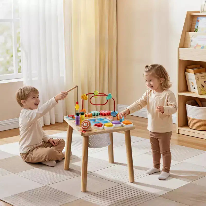 Tavolo Attività Montessori per Bambini da 1 a 3 Anni, Scrivania Didattica in Legno 8 in 1, Tavolo da Gioco per Bambini e Bambine di Età Superiore a 6 Mesi, Multicolore