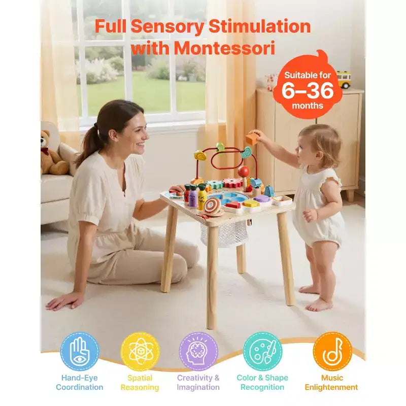 Tavolo Attività Montessori per Bambini da 1 a 3 Anni, Scrivania Didattica in Legno 8 in 1, Tavolo da Gioco per Bambini e Bambine di Età Superiore a 6 Mesi, Multicolore