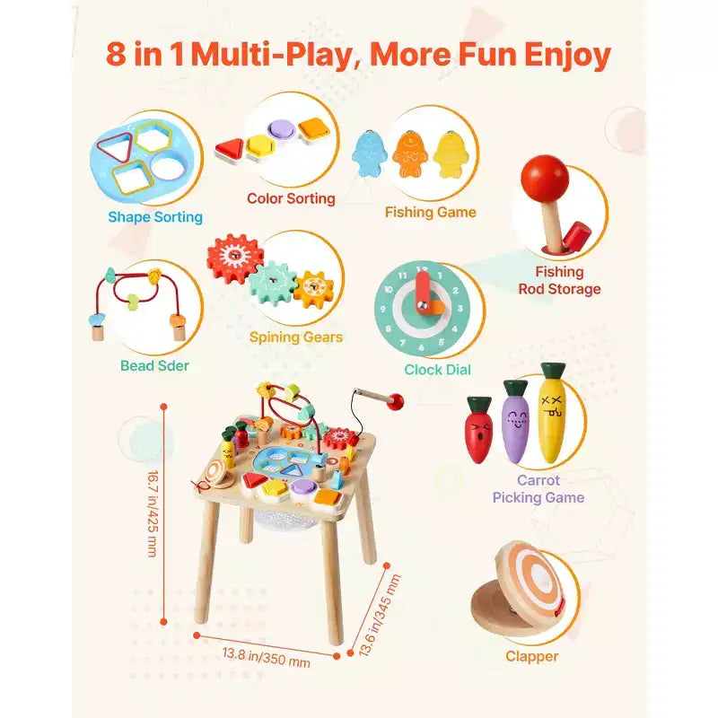 Tavolo Attività Montessori per Bambini da 1 a 3 Anni, Scrivania Didattica in Legno 8 in 1, Tavolo da Gioco per Bambini e Bambine di Età Superiore a 6 Mesi, Multicolore