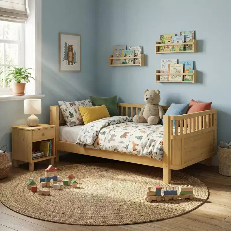 Letto a piattaforma in legno a grandezza naturale per bambini, letto basso in legno naturale con sponde di sicurezza per bambini e bambine