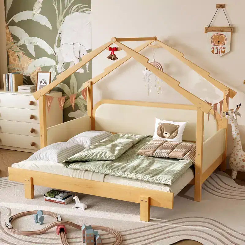 Letto a casetta in legno, misura doppia, con sponde imbottite, per bambini, ragazzi, ragazze, colore bianco