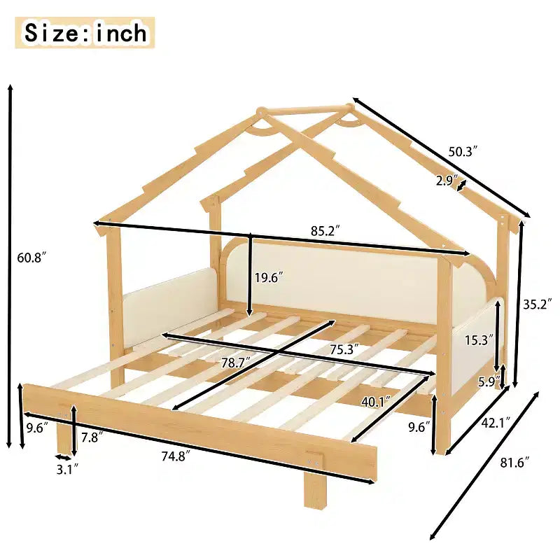 Letto a casetta in legno, misura doppia, con sponde imbottite, per bambini, ragazzi, ragazze, colore bianco