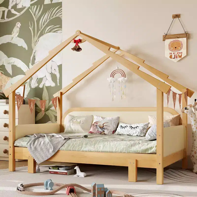 Letto a casetta in legno, misura doppia, con sponde imbottite, per bambini, ragazzi, ragazze, colore bianco