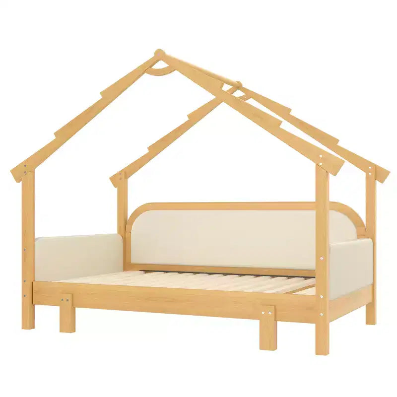 Letto a casetta in legno, misura doppia, con sponde imbottite, per bambini, ragazzi, ragazze, colore bianco