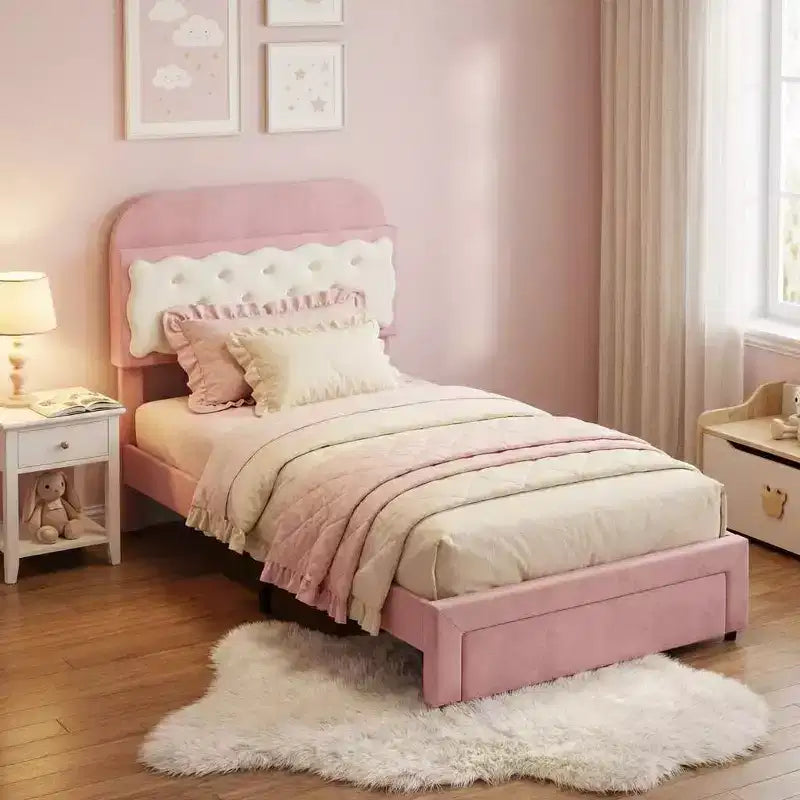 Struttura Letto Singolo con Testiera a Biscotto a Sandwich, Letto Rosa Beige per Ragazze, Contenitore con Testiera a Scomparti e 2 Cassetti, Nessuna Rete a Molle, Facile Montaggio