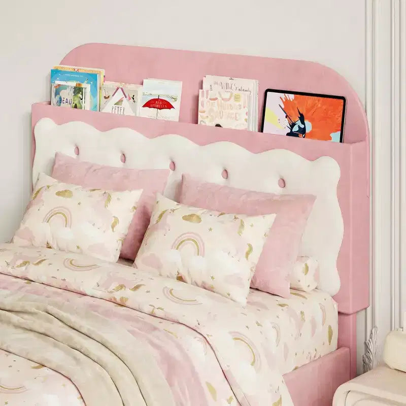 Struttura Letto Singolo con Testiera a Biscotto a Sandwich, Letto Rosa Beige per Ragazze, Contenitore con Testiera a Scomparti e 2 Cassetti, Nessuna Rete a Molle, Facile Montaggio
