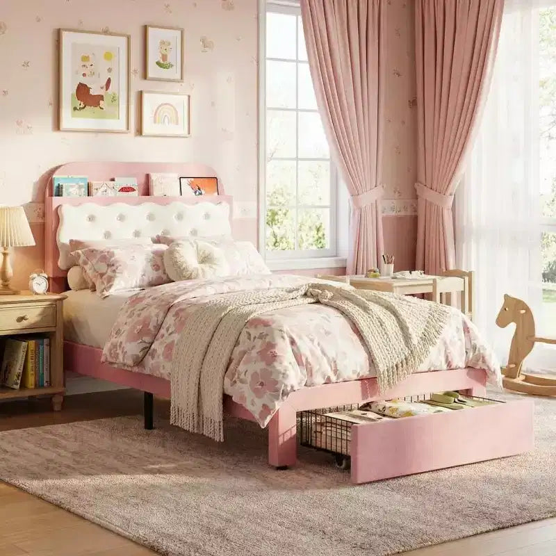 Struttura Letto Singolo con Testiera a Biscotto a Sandwich, Letto Rosa Beige per Ragazze, Contenitore con Testiera a Scomparti e 2 Cassetti, Nessuna Rete a Molle, Facile Montaggio