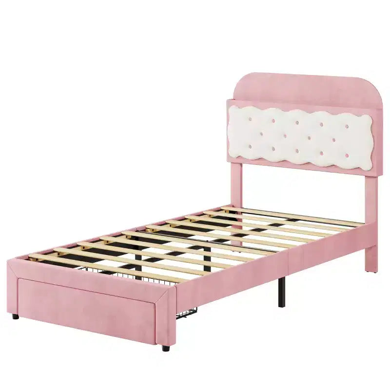 Struttura Letto Singolo con Testiera a Biscotto a Sandwich, Letto Rosa Beige per Ragazze, Contenitore con Testiera a Scomparti e 2 Cassetti, Nessuna Rete a Molle, Facile Montaggio