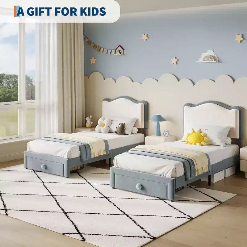 Letto per bambini stile principessa - Struttura letto matrimoniale imbottita con testiera a conchiglia e cassetto portaoggetti - Robuste doghe in legno, silenzioso, facile da montare