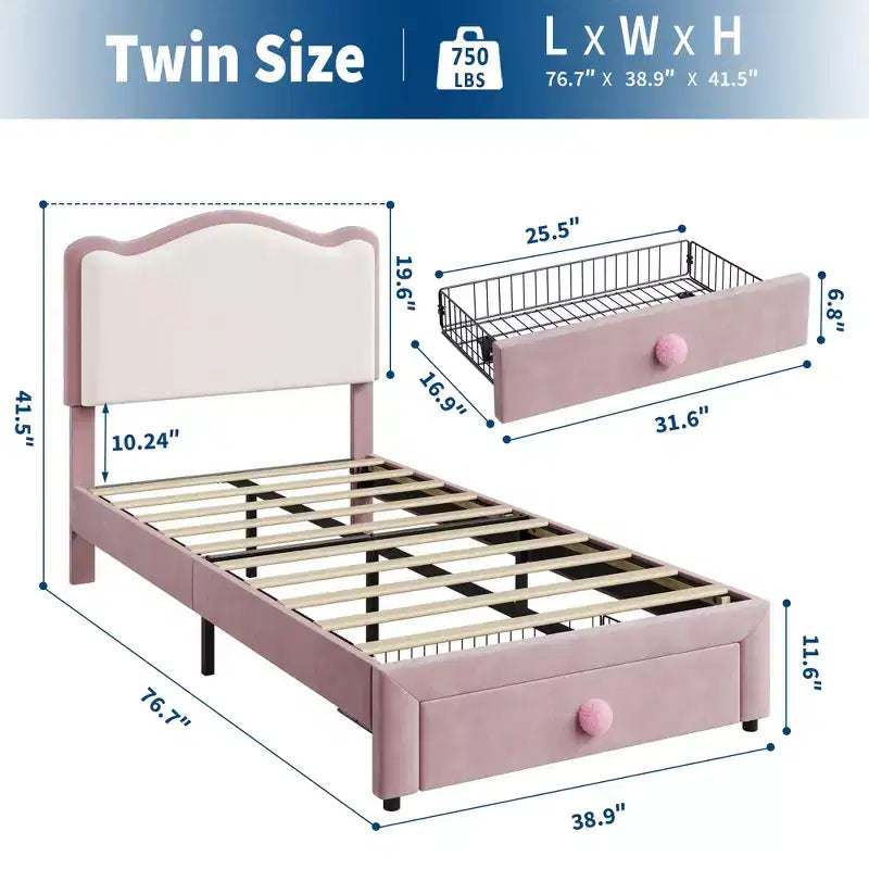 Letto per bambini stile principessa - Struttura letto matrimoniale imbottita con testiera a conchiglia e cassetto portaoggetti - Robuste doghe in legno, silenzioso, facile da montare