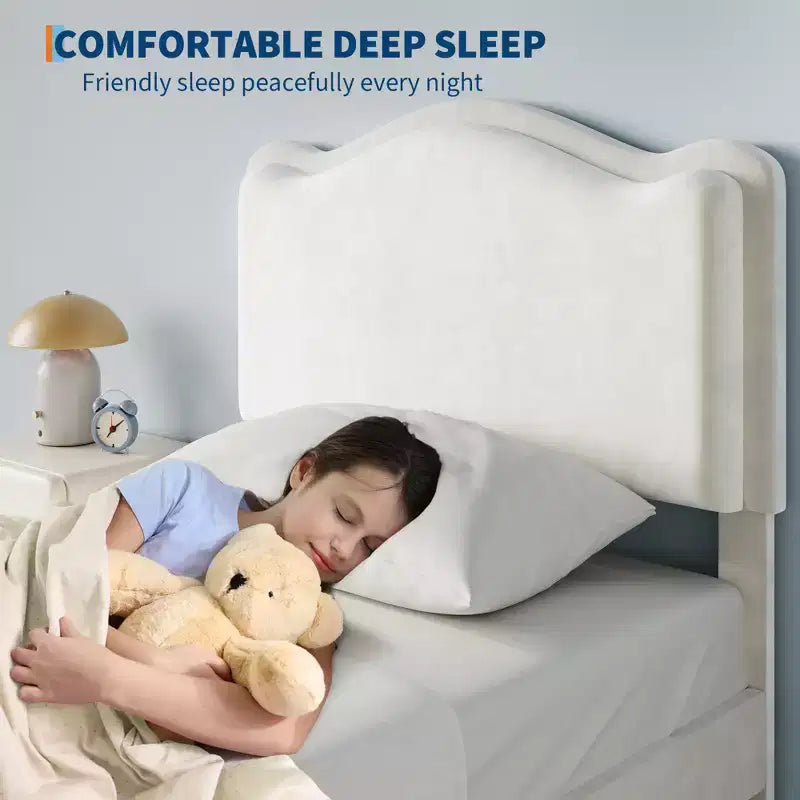 Letto per bambini stile principessa - Struttura letto matrimoniale imbottita con testiera a conchiglia e cassetto portaoggetti - Robuste doghe in legno, silenzioso, facile da montare