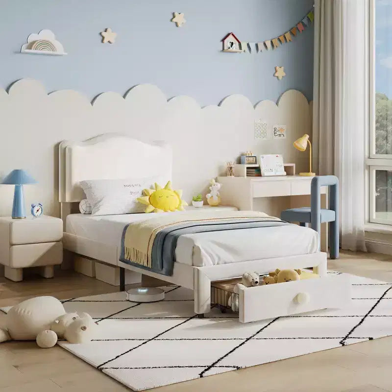 Princess Style Kids Bed - Upholstered Twin Bed Frame with Scallop Headboard & Storage Drawer - Sturdy Wooden Slats, Noise-Free, Easy Assembly