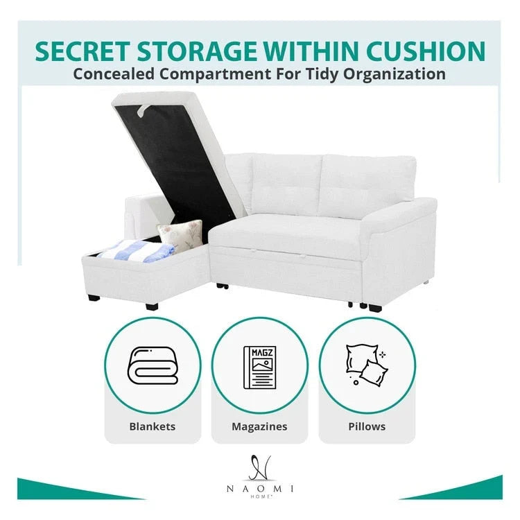 Divano sezionale reversibile con letto estraibile, chaise longue con contenitore nascosto, gambe durevoli,