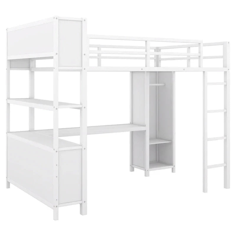 Letto a soppalco in metallo Off-White con scrivania e armadio - Matrimoniale