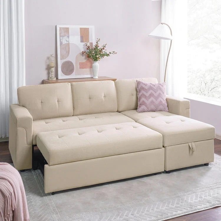 Divano sezionale reversibile con letto estraibile, chaise longue con contenitore nascosto, gambe durevoli,