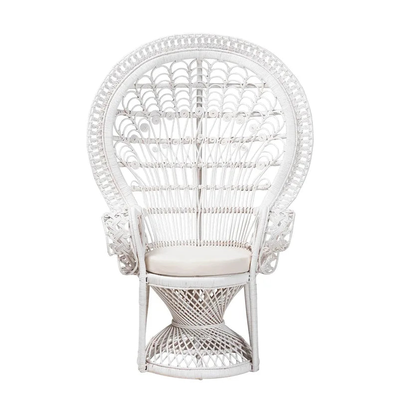 Poltrona a Pavone Moderna Bohemien in Rattan Naturale Bianco